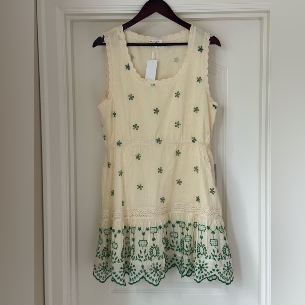 Chic Cream and Green Embroidered Dress